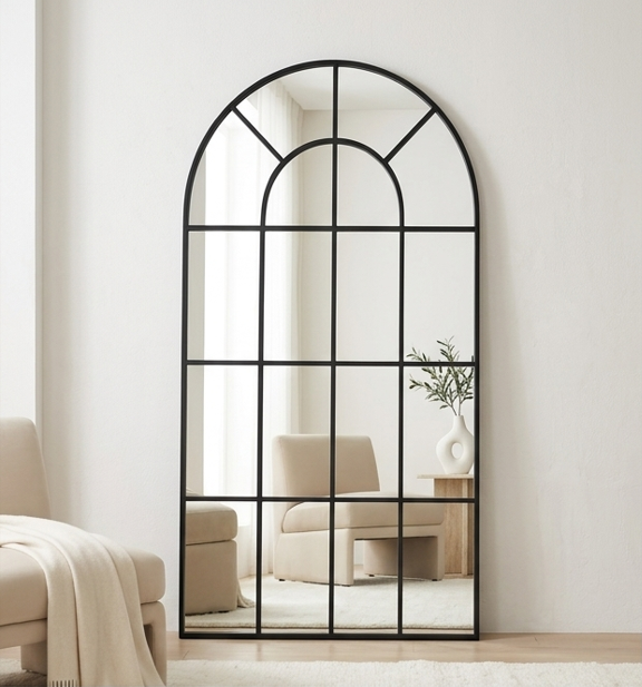 Full Length Window Arched Mirror (180cm x 90cm) - Black Metal Frame Grid Design