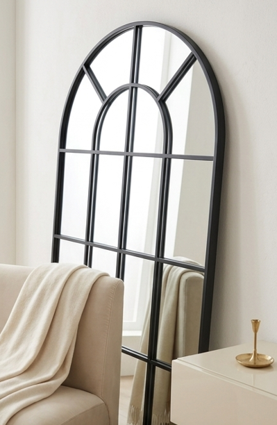 Full Length Window Arched Mirror (180cm x 90cm) - Black Metal Frame Grid Design