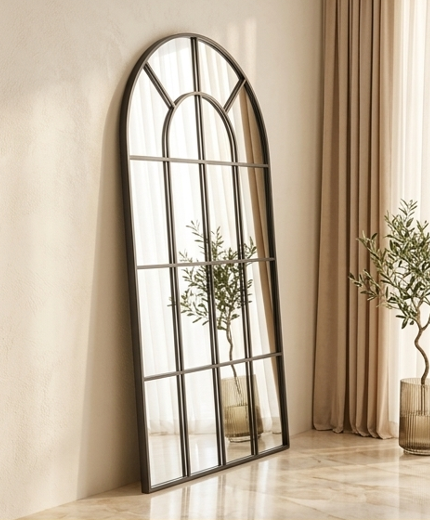 Full Length Window Arched Mirror (180cm x 90cm) - Black Metal Frame Grid Design
