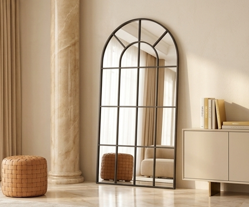 Full Length Window Arched Mirror (180cm x 90cm) - Black Metal Frame Grid Design