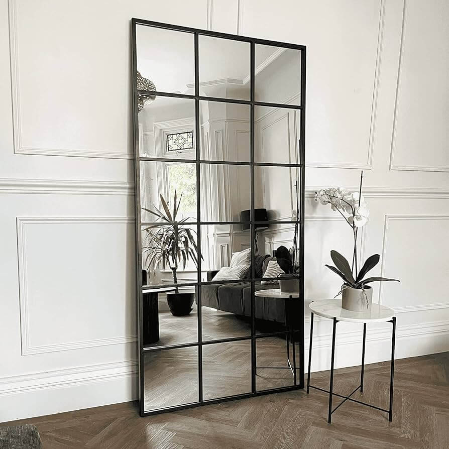 Full Length Metal Window Mirror (180cm x 80cm) - Black Metal Frame